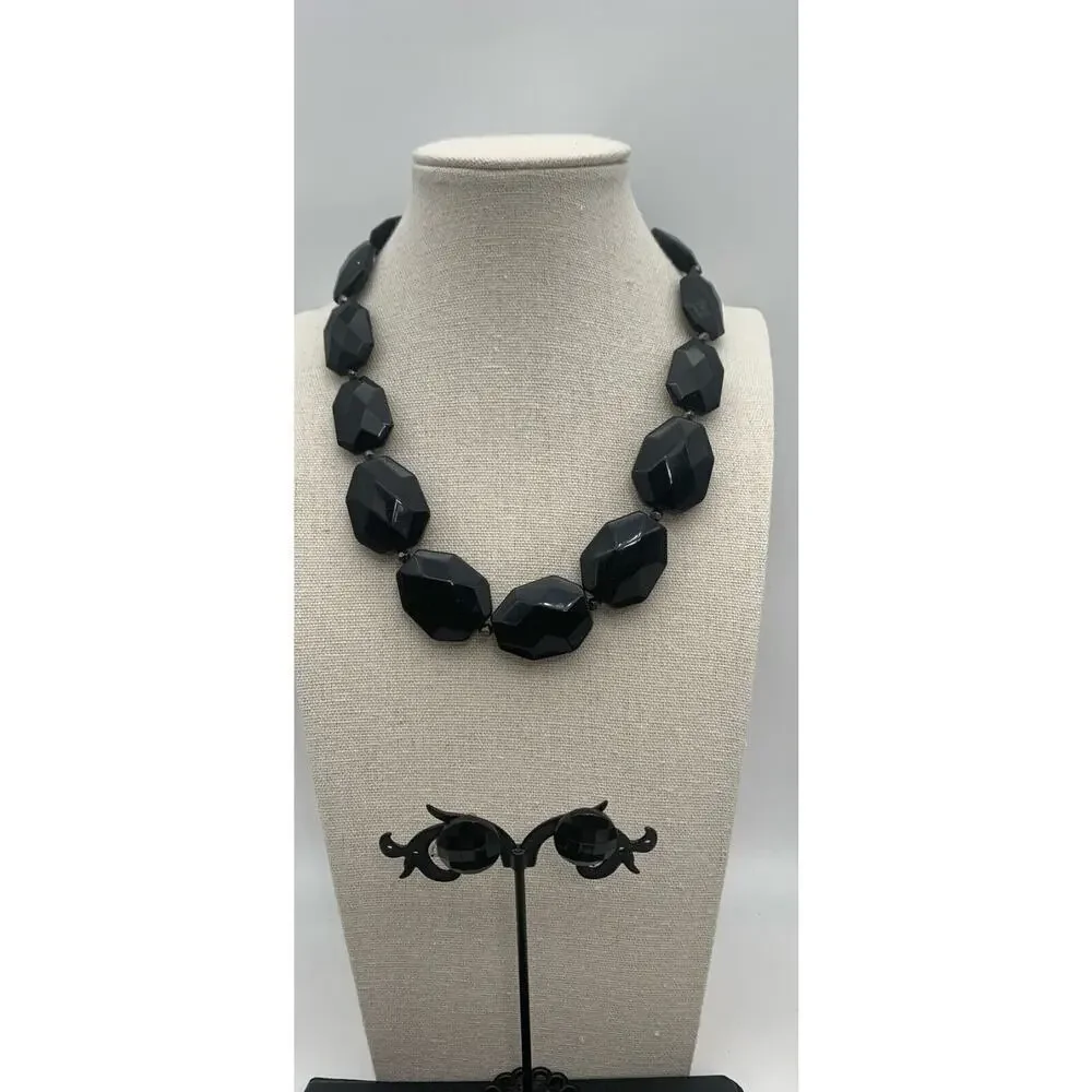 Vintage Black Lucite Faceted Necklace‎ And Clip On Earrings Whimsygoth